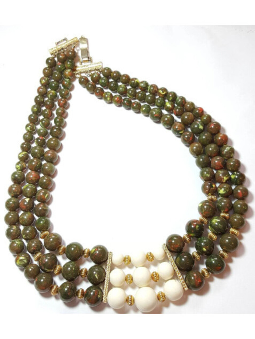 Vintage Beaded Collar Necklace, ‎ Green Unakite Triple Strand Statement blu1-21